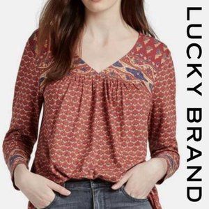 Lucky Brand Mixed Pattern Shirt V-neck Graphic Print Top Boho Burgundy Size XS